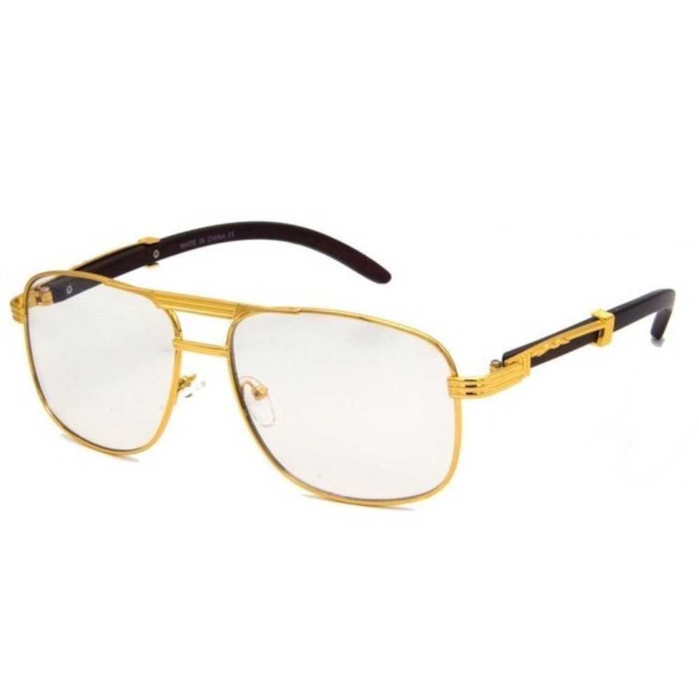 Men Sunglasses Gold Frame Wood Arms Clear‎ Lens Fashion Eyewear Glasses Street